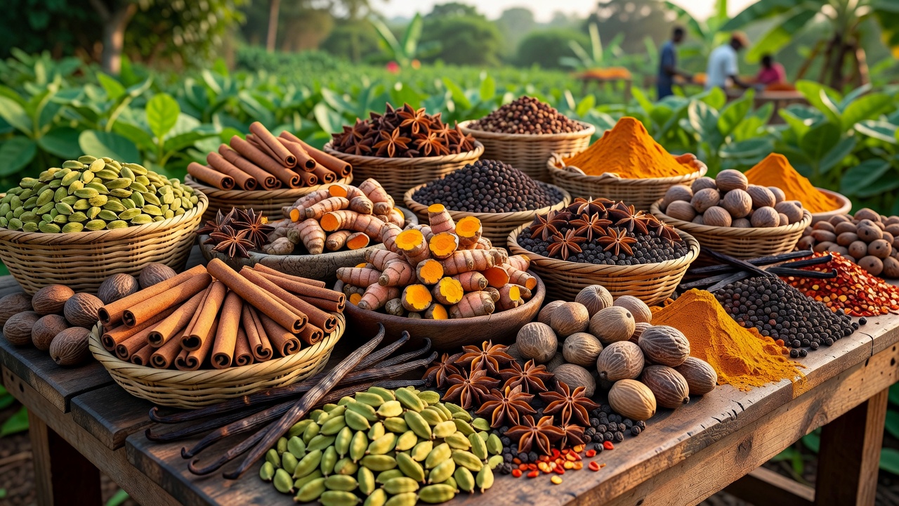 Assortment of aromatic spices, representing Zanzibar spice farm tours