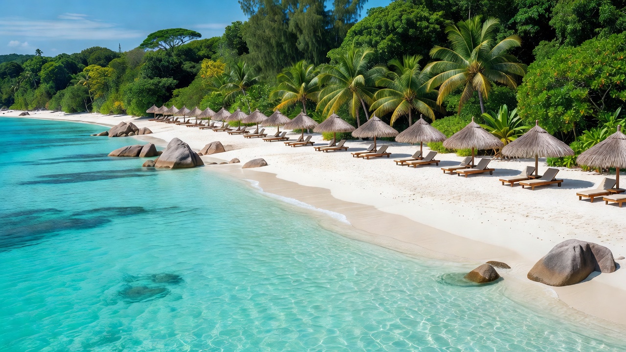 Beach with turquoise water and sun loungers, representing Anse Lazio