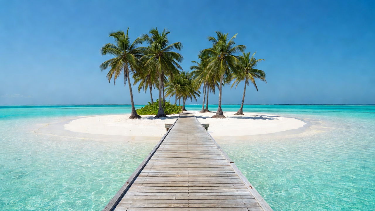 Island jetty and palms, representing visits to local Maldivian islands