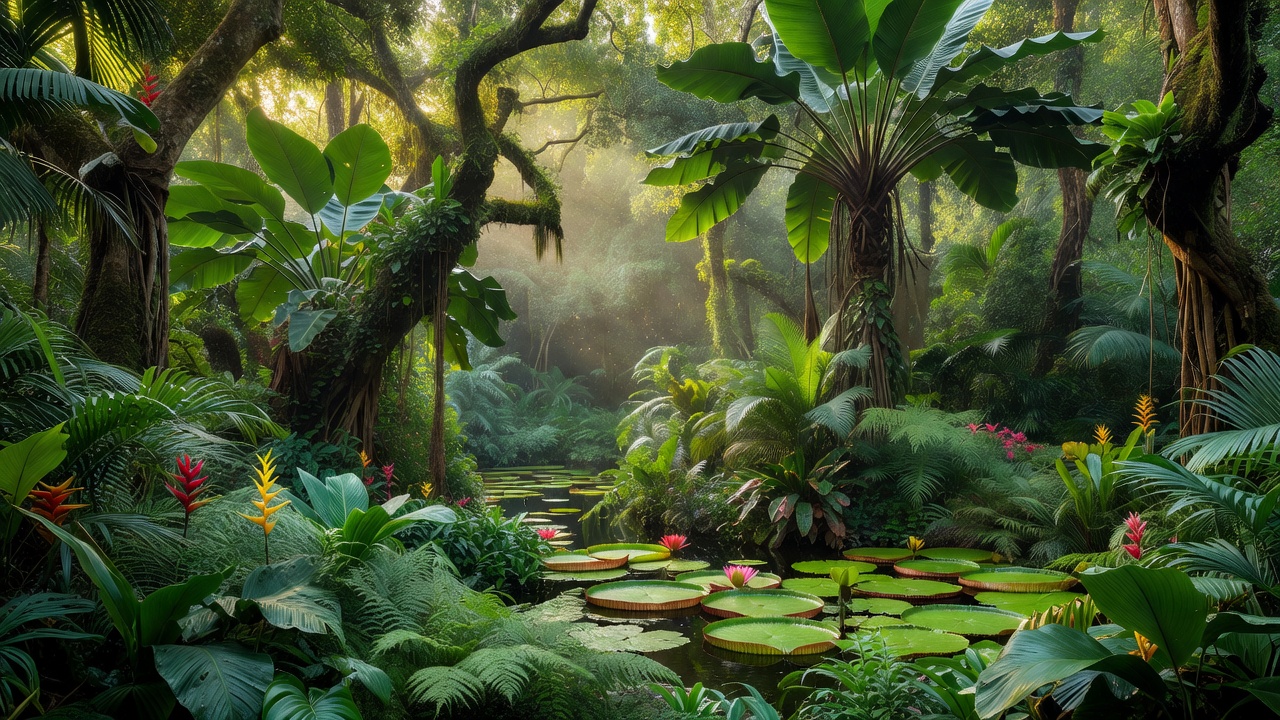 Lush tropical greenery, representing the Pamplemousses botanical garden