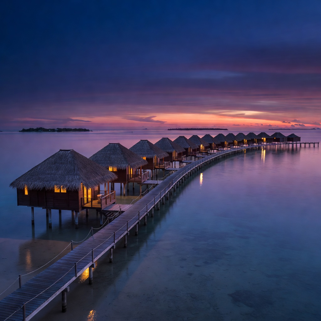 Overwater villas stretching across a calm lagoon at twilight