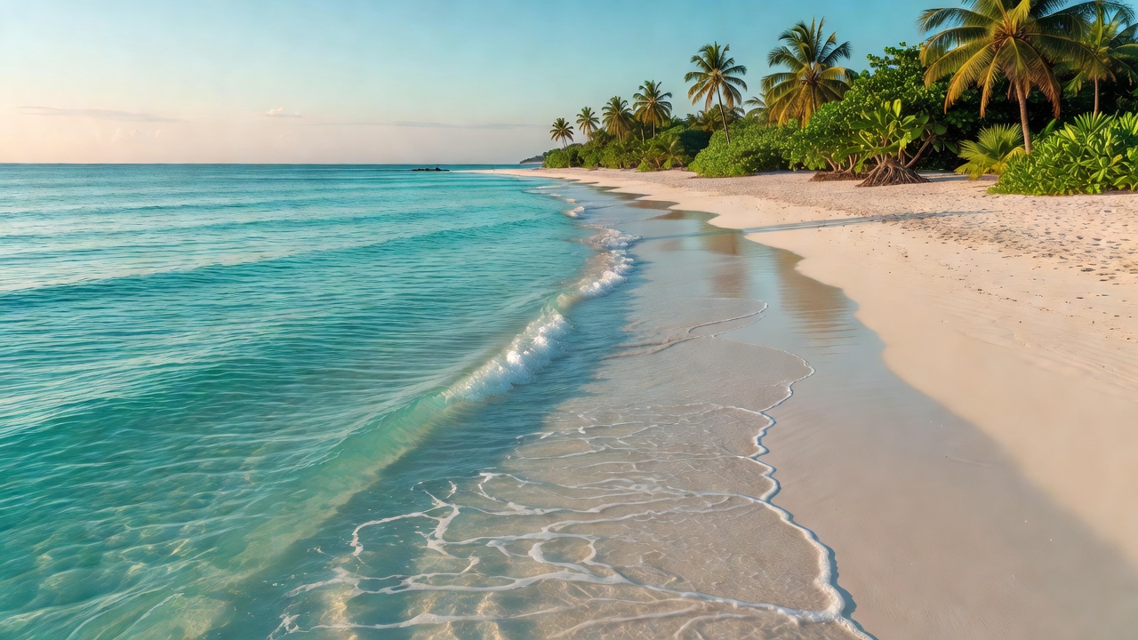 Peaceful turquoise shoreline with gentle waves on a tropical beach