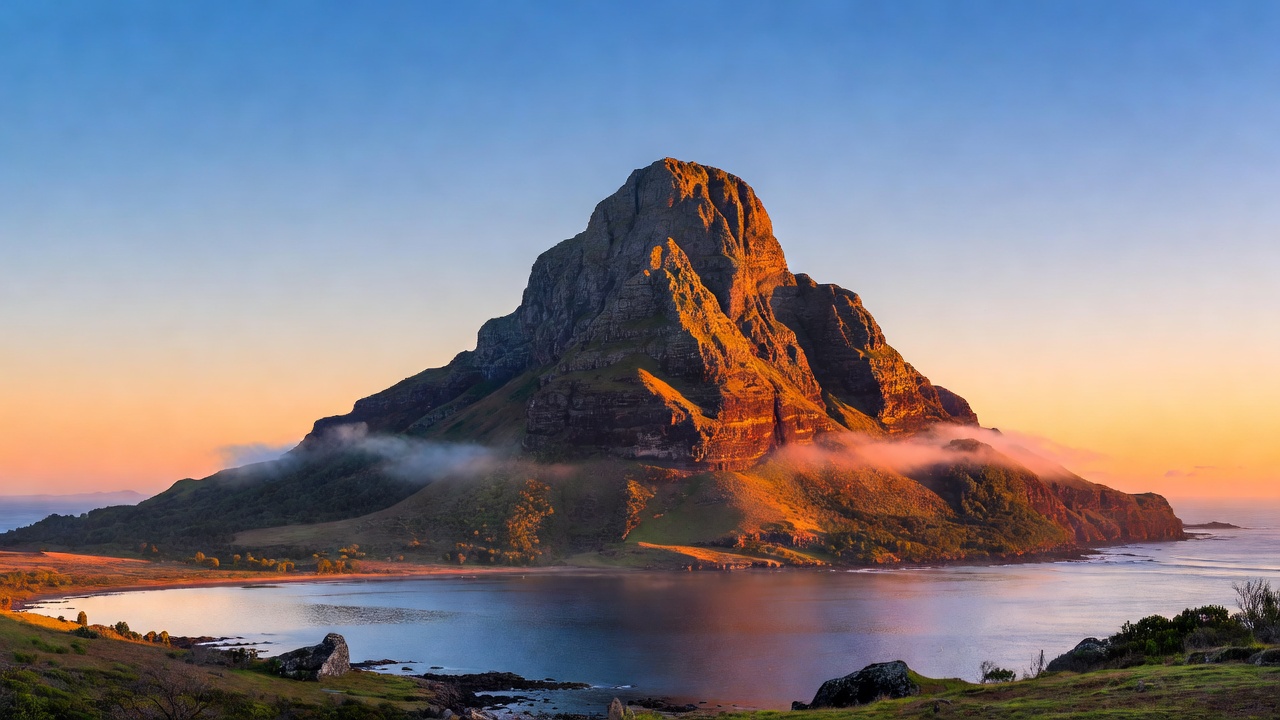 Rugged mountain peak at sunrise, representing Le Morne Brabant