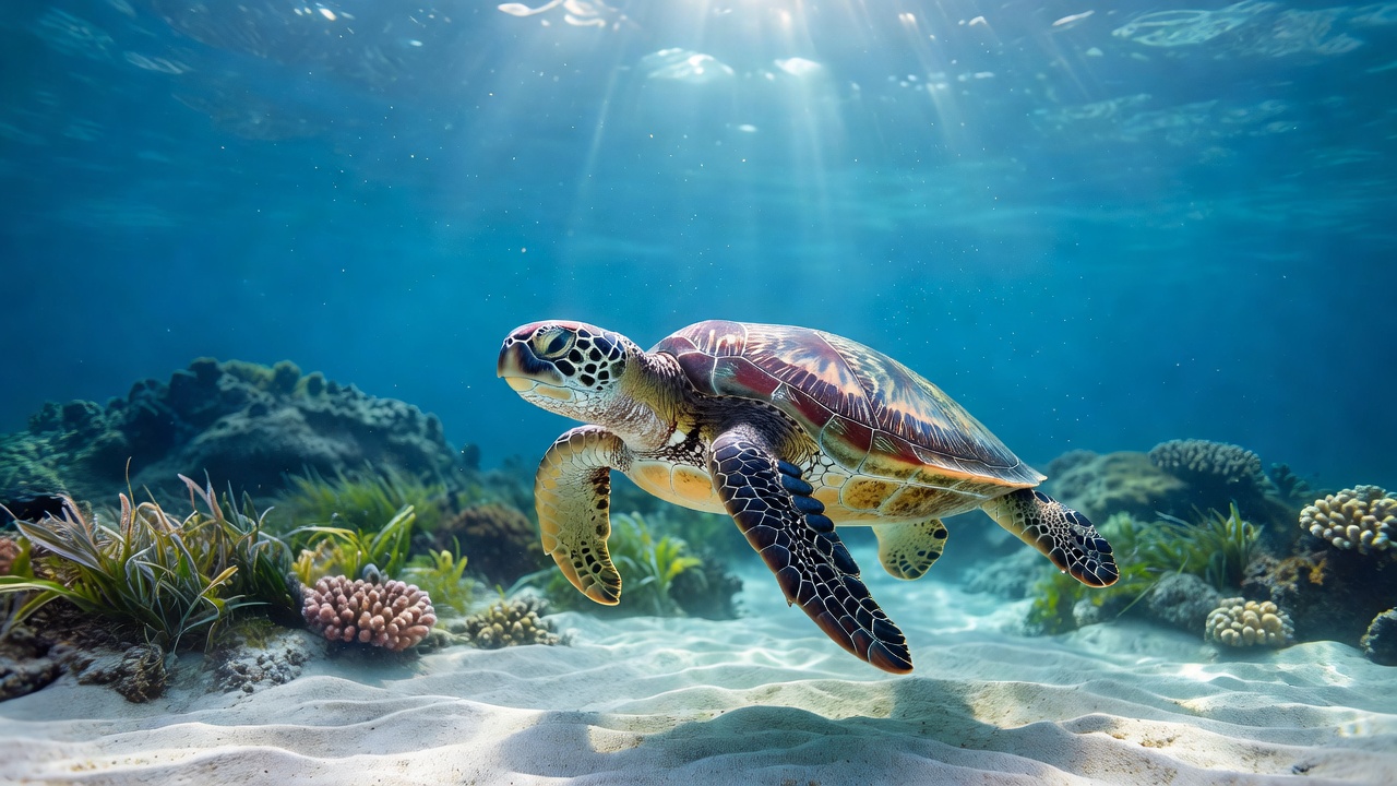 Sea turtle swimming in blue water, representing wildlife on Curieuse Island