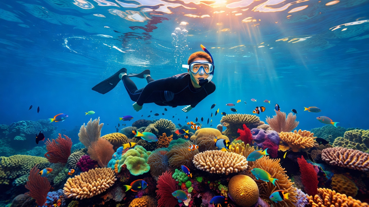 Snorkeller exploring vivid blue water above a tropical reef