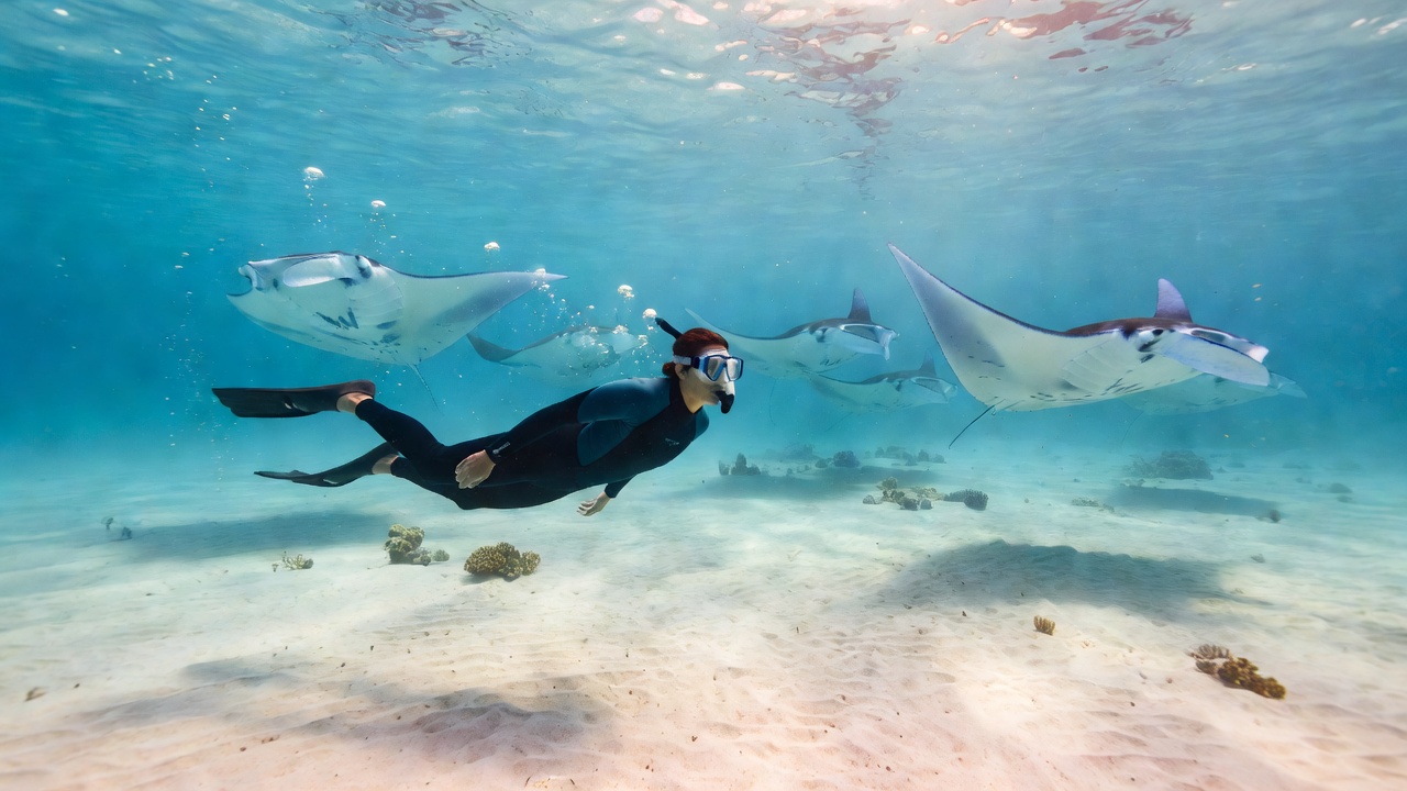 Snorkeller gliding through clear water, representing manta ray swims at Hanifaru Bay