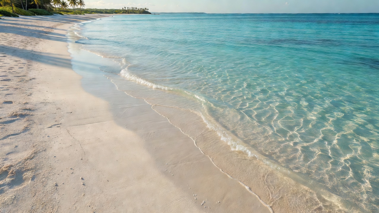 Soft white sand meeting shallow turquoise water, representing Île aux Cerfs