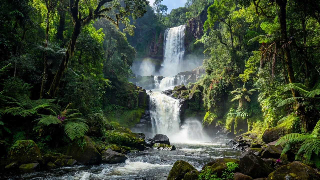 Waterfall cascading through green forest, representing Chamarel and Black River Gorges